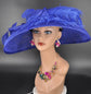 Royal Blue Sinamay Kentucky Derby Hat: Wide Brim Feathered Church Hat