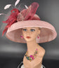 Audrey Hepburn Style Dome Hat Kentucky Derby Hat Tea Party Carriage Party  Wide Brim Sinamay Hat Blush Pink w Burgundy Bows Feather Flower