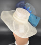 Ivory/Off White w Navy Blue Powder Blue Royal Blue Teal Blue Kentucky Derby Hat, Tea Party Hat Wide Brim Sinamay  Hat