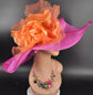 Fuchsia Pink Sinamay Derby Hat: Orange Silk Flower Wide Brim