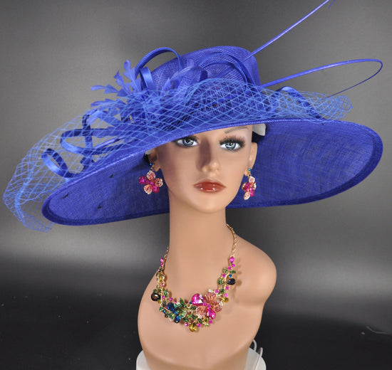 Royal Blue Sinamay Wide Brim Hat: Kentucky Derby Ascot Occasion