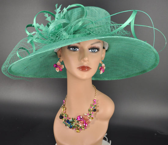 Jade Green Sinamay Wide Brim Hat: Kentucky Derby, Tea Party