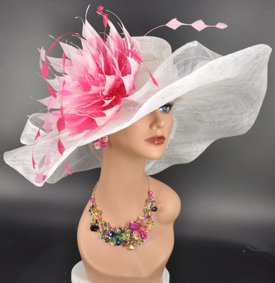 White with Pink Feather Flower Wide Brim Kentucky Derby Hat, Ascot Hat for Wedding Tea Party, Garden Party Hat, Mother of the Bride, Church
