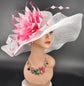 White with Pink Feather Flower Wide Brim Kentucky Derby Hat, Ascot Hat for Wedding Tea Party, Garden Party Hat, Mother of the Bride, Church