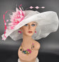 White with Pink Feather Flower Wide Brim Kentucky Derby Hat, Ascot Hat for Wedding Tea Party, Garden Party Hat, Mother of the Bride, Church