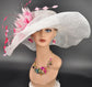 White with Pink Feather Flower Wide Brim Kentucky Derby Hat, Ascot Hat for Wedding Tea Party, Garden Party Hat, Mother of the Bride, Church