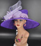 Purple Lilac Feather Crin Ribbon Style Wide Brim Sinamay Hat for Kentucky Derby,Ascot Racing Hat, Wedding Guest Hat, Mother of the Bride Hat