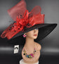 Black  Red Feather Crin Ribbon Style Wide Brim Sinamay Hat for Kentucky Derby, Ascot Racing Hat, Wedding Guest Hat, Mother of the Bride Hat