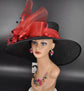 Black  Red Feather Crin Ribbon Style Wide Brim Sinamay Hat for Kentucky Derby, Ascot Racing Hat, Wedding Guest Hat, Mother of the Bride Hat