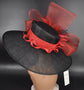 Black  Red Feather Crin Ribbon Style Wide Brim Sinamay Hat for Kentucky Derby, Ascot Racing Hat, Wedding Guest Hat, Mother of the Bride Hat