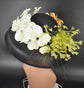 Audrey Hepburn Style Kentucky Derby Hat: Black Sinamay Wide Brim with Orchids