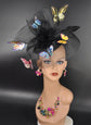 Kentucky Derby Wedding Feather w Butterflies  Floral Organza w Sinamay Headband Fascinator Hat Cocktail Black