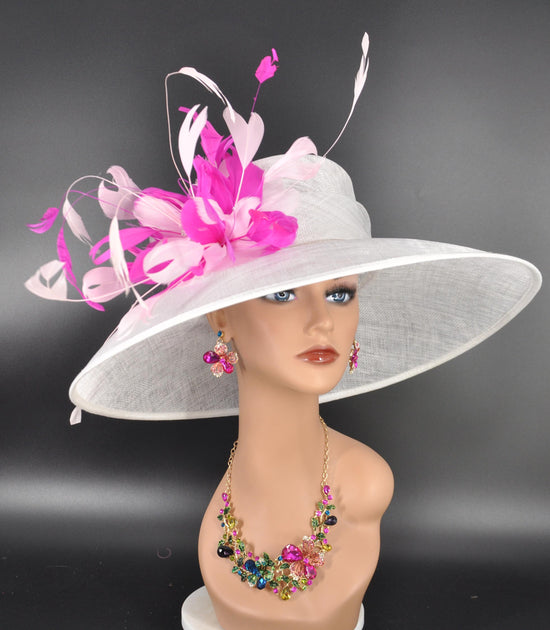 Sinamay Kentucky Derby Hat: White Wide Brim with Pink Feather Flowers