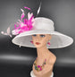 Sinamay Kentucky Derby Hat: White Wide Brim with Pink Feather Flowers