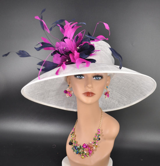 White Navy Fuchsia Feather Flower Wide Brim Sinamay Hat for Kentucky Derby, Ascot Racing Hat, Wedding Guest Hat, Mother of the Bride Hat