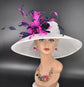 Sinamay Kentucky Derby Hat: White Wide Brim with Feather Flowers