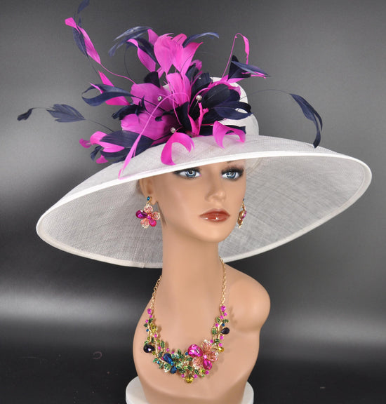 Sinamay Kentucky Derby Hat: White Wide Brim with Feather Flowers