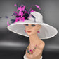 Sinamay Kentucky Derby Hat: White Wide Brim with Feather Flowers