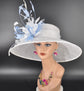 White w Light Blue Feather Flowers Kentucky Derby Hat Tea Party Carriage Party Wide Brim  Sinamay Hat
