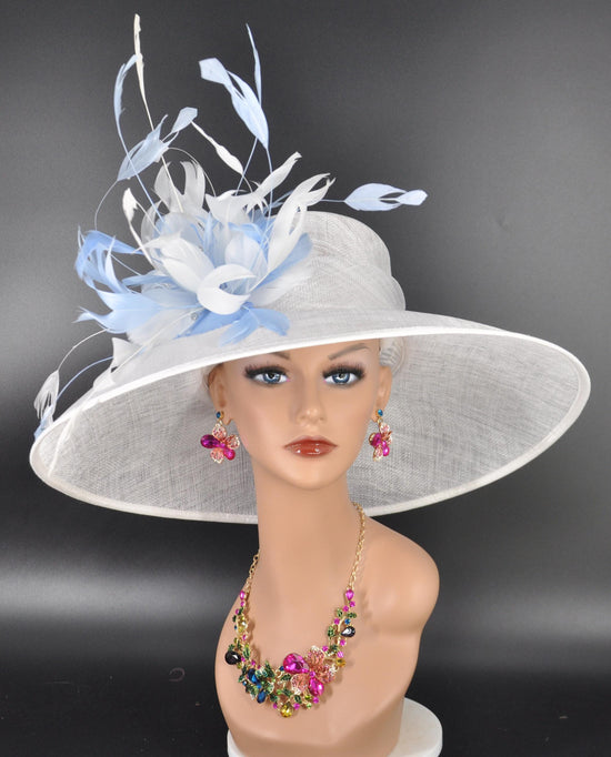 White w Light Blue Feather Flowers Kentucky Derby Hat Tea Party Carriage Party Wide Brim  Sinamay Hat