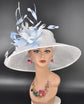 White w Light Blue Feather Flowers Kentucky Derby Hat Tea Party Carriage Party Wide Brim  Sinamay Hat