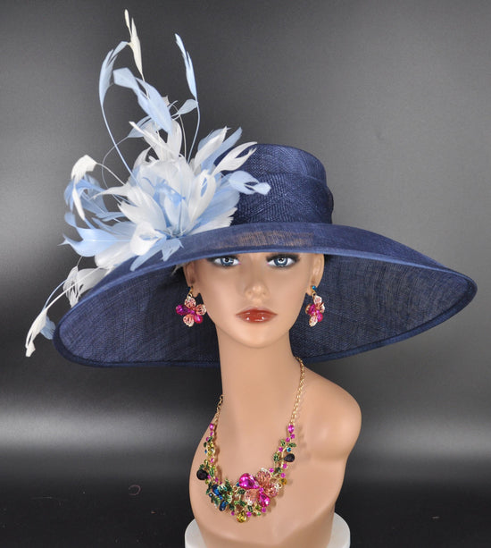 Navy Blue Sinamay Kentucky Derby Hat: Feather Flower Wide Brim