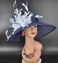 Navy Blue Sinamay Kentucky Derby Hat: Feather Flower Wide Brim