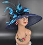 Navy Blue Sinamay Kentucky Derby Hat: Teal Feather Flower Wide Brim