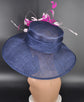 Navy Sinamay Kentucky Derby Hat: Pink Feather Flower Wide Brim