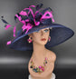 Navy Sinamay Kentucky Derby Hat: Fuchsia Feather Flower Wide Brim