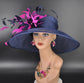 Navy Sinamay Kentucky Derby Hat: Fuchsia Feather Flower Wide Brim