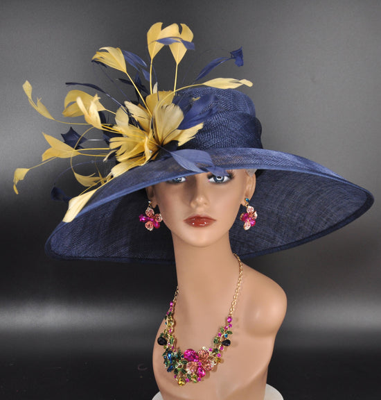 Navy Blue Sinamay Derby Hat: Gold Feather Flowers, Wide Brim