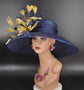Navy Blue Sinamay Derby Hat: Gold Feather Flowers, Wide Brim