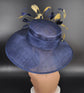 Navy Blue Sinamay Derby Hat: Gold Feather Flowers, Wide Brim