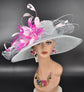 Wide Brim Sinamay Kentucky Derby Hat: Powder Blue & Fuchsia Feather Flower