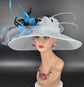 Wide Brim Sinamay Kentucky Derby Hat: Powder Blue Feathered Church Hat