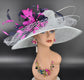 Wide Brim Sinamay Derby Hat: Powder Blue, Navy, Fuchsia Feather Flower