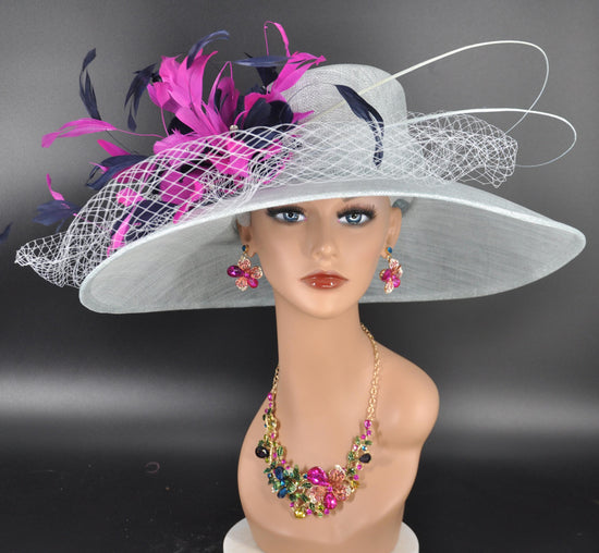Wide Brim Sinamay Derby Hat: Powder Blue, Navy, Fuchsia Feather Flower