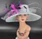 Wide Brim Sinamay Derby Hat: Powder Blue, Navy, Fuchsia Feather Flower