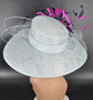 Wide Brim Sinamay Derby Hat: Powder Blue, Navy, Fuchsia Feather Flower