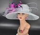 Wide Brim Sinamay Derby Hat: Powder Blue, Navy, Fuchsia Feather Flower