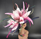 Navy Kentucky Derby Hat: Pink Flower, Peacock Feathers, Wide Brim