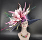 Navy Kentucky Derby Hat: Pink Flower, Peacock Feathers, Wide Brim
