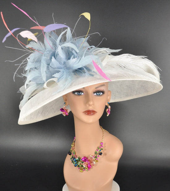 White Sinamay Kentucky Derby Hat: Powder Blue Feather Flower