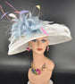 White Sinamay Kentucky Derby Hat: Powder Blue Feather Flower