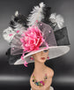 White w Black Mix Pink Wide Brim Sinamay Hat Church Kentucky Derby Hat Carriage Tea Party Wedding Hat Bows Feather Flower Ostrich Feathers