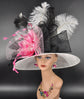 White w Black Mix Pink Wide Brim Sinamay Hat Church Kentucky Derby Hat Carriage Tea Party Wedding Hat Bows Feather Flower Ostrich Feathers
