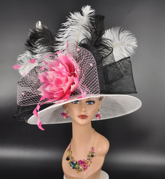 White w Black Mix Pink Wide Brim Sinamay Hat Church Kentucky Derby Hat Carriage Tea Party Wedding Hat Bows Feather Flower Ostrich Feathers