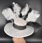 White w Black Mix Pink Wide Brim Sinamay Hat Church Kentucky Derby Hat Carriage Tea Party Wedding Hat Bows Feather Flower Ostrich Feathers