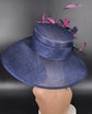Navy Sinamay Kentucky Derby Hat: Hot Pink Feather Flowers Wide Brim